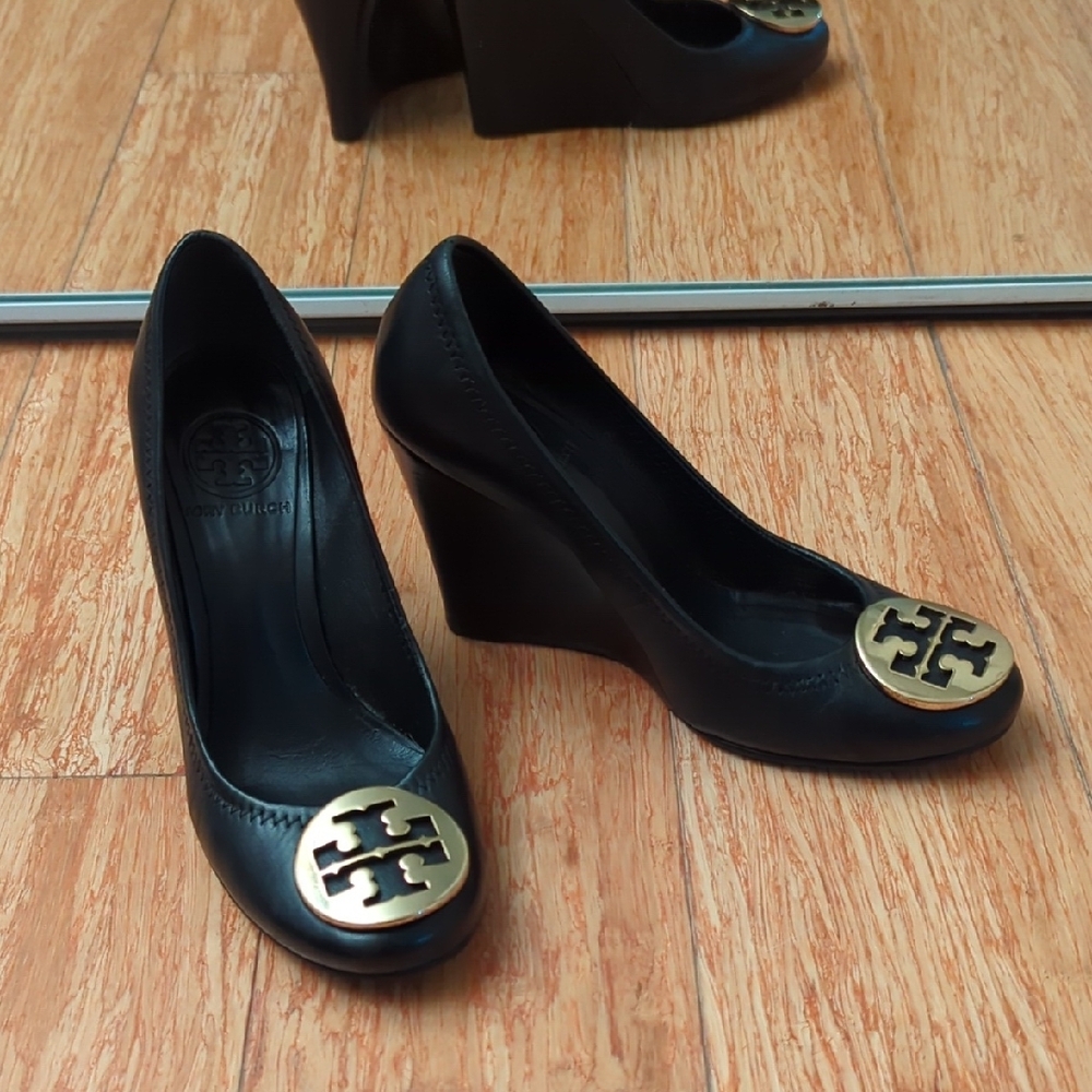 Tory Burch Black Wedge Heels with Gold Accents